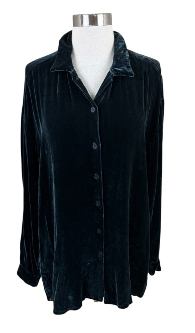 Eileen Fisher Forest Green Velvet Button Tunic Relaxed Size Large